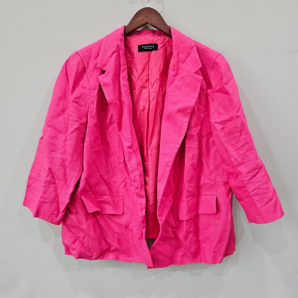 Talbots Womens 100% Linen Blazer Jacket Pink 3/4 Sleeves Open Front Barbiecore